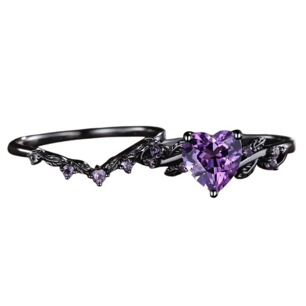 Heart Cut Amethyst & Moissanite 2 piece engagement wedding ring set in rhodium
